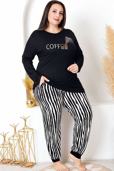 Jenny Daphne Long Sleeve Crew Neck Top and Stripe Elastic Legs Plus Size Viscose Fabric Pajamas Set 11402