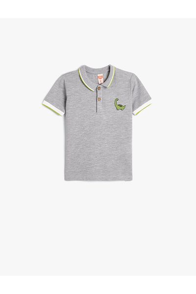 Koton Polo Neck T-Shirt Short Sleeve with Dinosaur Embroidery Detail and Buttons