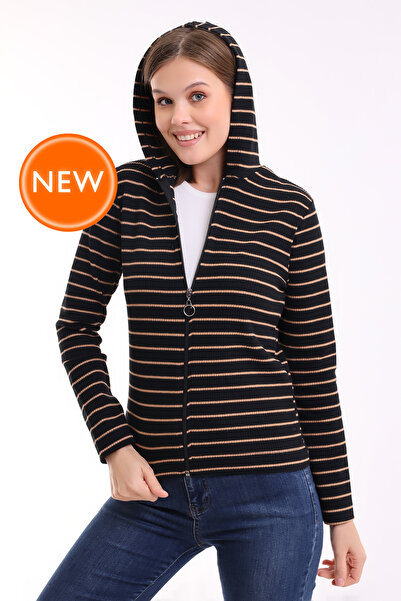Şiir SENNAR Femei - dungi subțiri, mâneci lungi, cardigan tricotat cu glugă cu fermoar