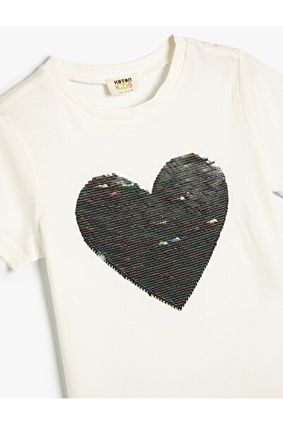 Koton T-Shirt Sequined Sequined Heart Crew Neck Cotton