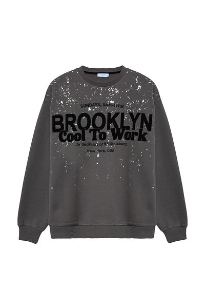 Quzu Anthracite Color Speckle Detailed Text Printed Sweatshirt