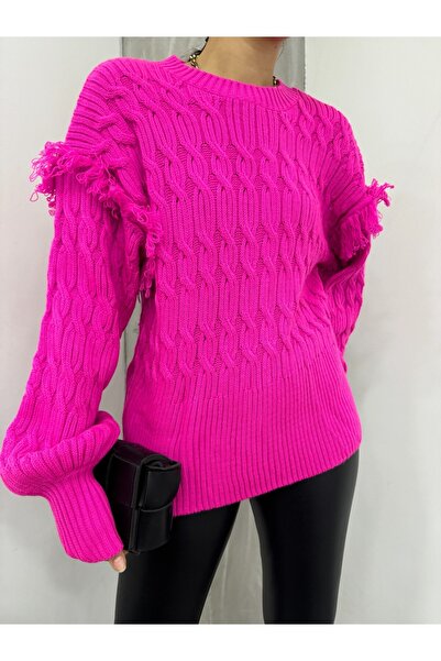 Modamorfo Balloon Sleeve Tasseled Knitwear Sweater -Fuchsia