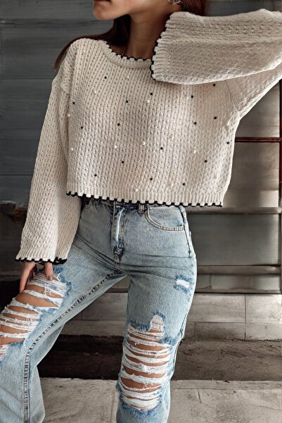 HAKKE Korálkový vyšívaný prolamovaný úplet Crop svetr