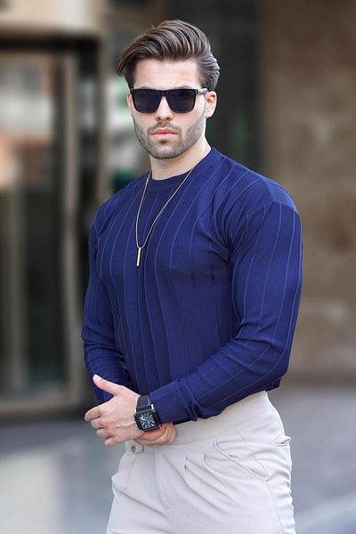 Madmext Μακρυμάνικο ριγέ ναυτικό πουλόβερ - Crew Neck 7244