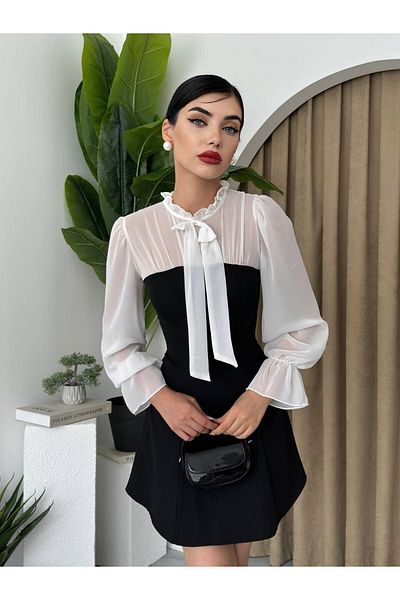 ETİKAFASHION Tulle Detail Bow Collar Dress