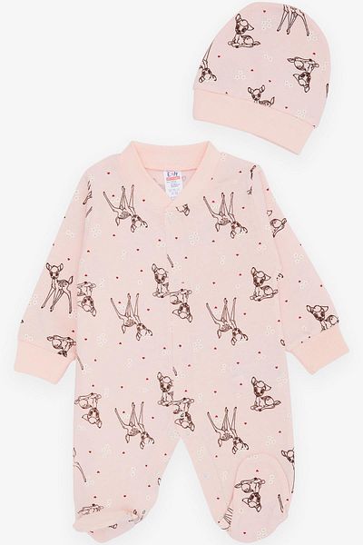 Breeze Spring Themed Gazelle Patterned Baby Girl Jumpsuit - 0-3 Months and 6 Months, Powder