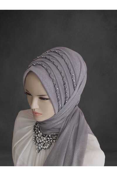 NurAy Ασημί ανοιχτό γκρι κεντημένο έτοιμο τουρμπάνι έτοιμο πέπλο προθάλαμος