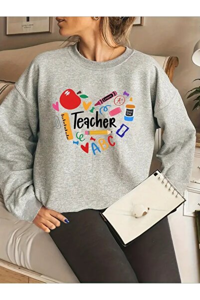 WOODROFFE 24 noiembrie, Ziua Profesorului, hanorac gri oversize cu decolteu r...