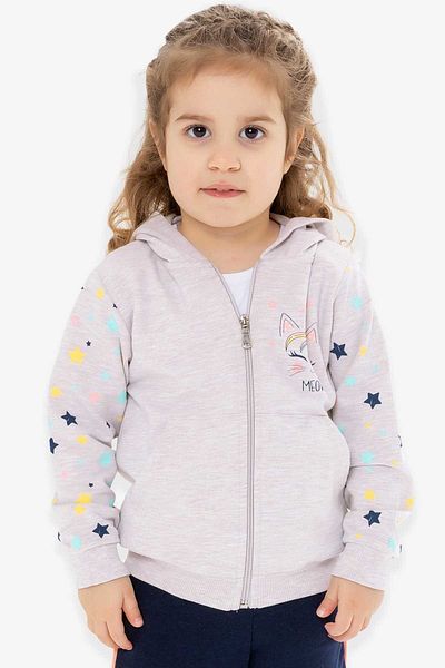 Breeze Beige Melange Girl's Cardigan - Patterned Printed Sleeves, 1-4 Years