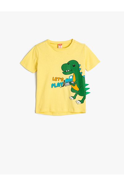 Koton T-Shirt mit Dinosaurier-Aufdruck, kurzärmelig, Rundhalsausschnitt, detaillierte Applikation