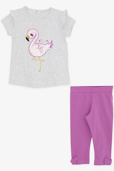 Breeze Girl's Capri Tights Suit Sequined Flamingo Printed 1.5-5 Years, Gray Melange
