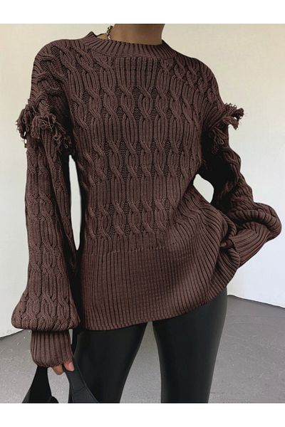 Modamorfo Sweter z dzianiny z rękawami typu balon i frędzlami - brązowy