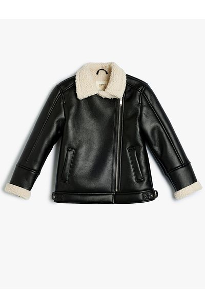Koton Biker Jacket - Leather Look, Faux Fur, Collar Detail and Zipper