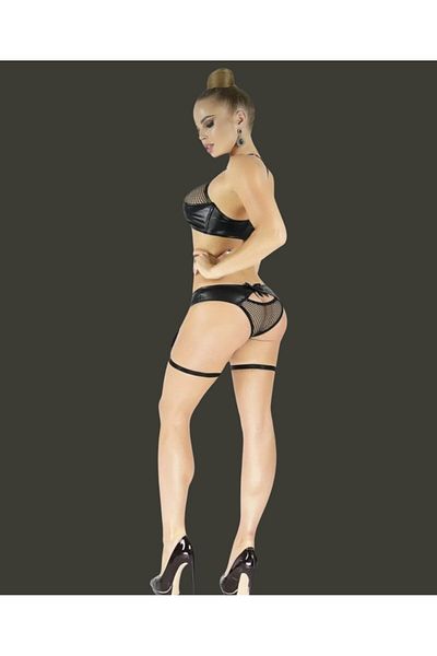 İntive Lingerie Intive Latex Shiny Fabric and Mesh Detailed Design Garter Suit-7080