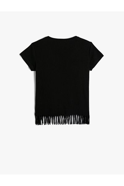 Koton Tasseled T-Shirt Cat Printed Short Sleeve Cotton