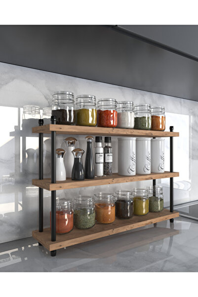 AYMOBSAN İnci Baharatlık, Mutfak Rafı, Çok Amaçlı Raf, 3 Katlı , Metal Ayaklı, Organizer, 60 cm Atlantik Çam