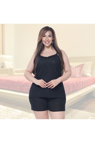 Gülfirik Tasarım Black Colored Ribbed Short Shorts with Straps 100% Cotton Large Size Women's Summer Pajamas Set