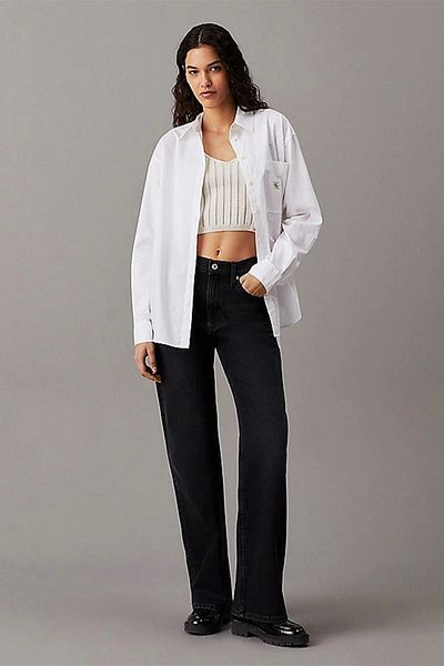 Calvin Klein Jeans Standard Shirt Collar Embroidered White Women's Shirt Woven Label Relaxed Shirt
