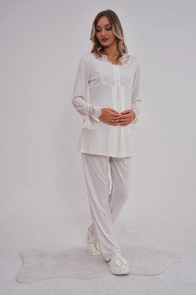 By Mecit Pijama Maternity Long Sleeve Guipure Detailed Pajamas Set 75% Cotton 25% Viscose