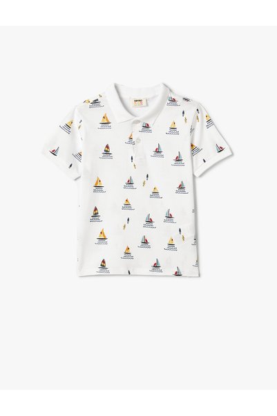 Koton Cotton Short Sleeve Polo Collar Marine Themed T-Shirt