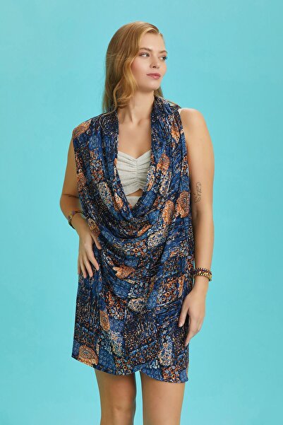 Los banditos Rochie tunică înfășurată cu imprimeu albastru cu decolteu