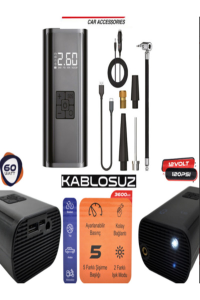 ARSVİSİON AUTO ACCESSORIES Hava Kompresör Şarjlı+ Çakmaktan Usb+Typc 60Wi Powerbank Led Işık
