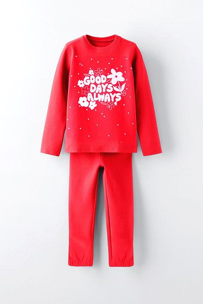 LUESS Red Girl's Pajama Set - 100% Cotton, Embossed Print, 3-4 Years 8-9 Years