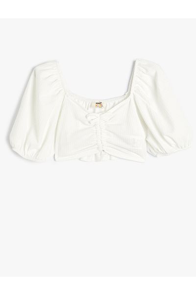 Koton Crop Blouse Short Balloon Sleeve Gathered Front