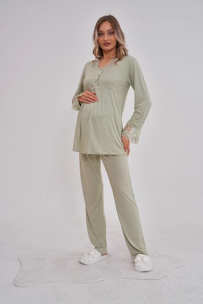 By Mecit Pijama Maternity Long Sleeve Guipure Detailed Pajamas Set Cotton Viscose