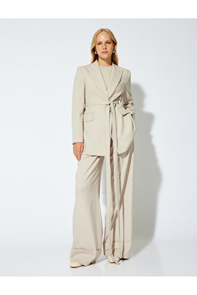 Koton Long Blazer Jacket - Belt and Cap Pocket Detail
