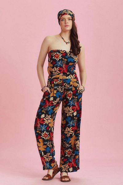 Los banditos Black Floral Patterned Wide Leg Strapless Jumpsuit