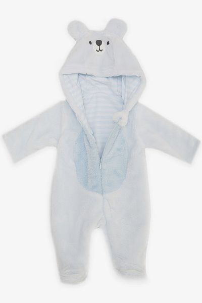 Albimini 3-4 Months and 6-9 Months Boy Plush Embroidered Jumpsuit - Movable Ear, Baby Blue