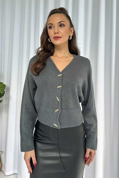 Mine Tan Butik Gray V-Neck Ribbed Cardigan