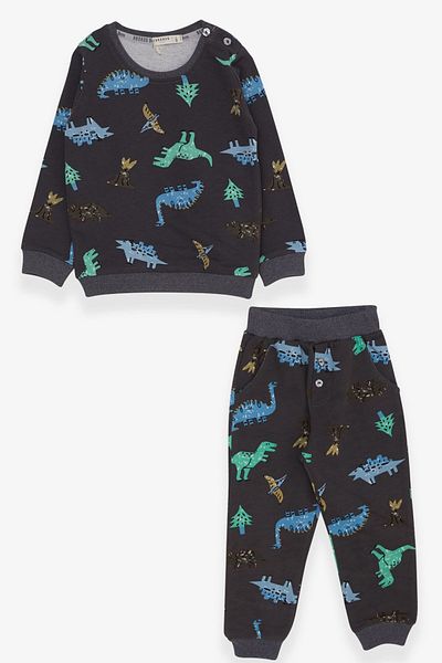 Breeze Baby Boy Tracksuit Set, Dinosaur Patterned, 9 Months-3 Years, Smoked