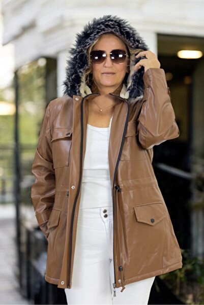 yagmurberen Removable Hooded Fur Inside Large Size Leather Coat Coat