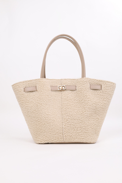 NOTHING Women's Vison Plush Magnet Closure Lock Detailed Hand and Shoulder Bag