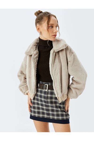 Koton Faux Fur Jacket with Stand Collar Zippered Pocket Detail