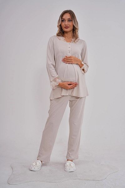 Mecit Pijama Пижамен комплект за бременни с дълъг ръкав и гипюр, детайлен, 75% памук, 25% вискоза