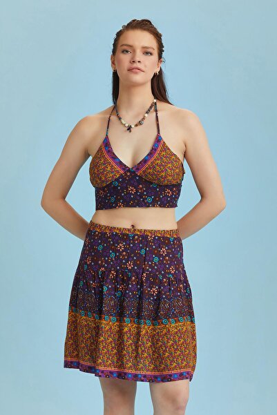 Los banditos Fustă mini boemă din țesătură apoasă florală cu talie elastică