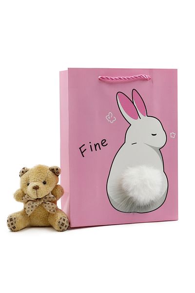 reprodesign 18X24 Cute Animal Themed Pompom Cardboard Bag 1 Piece (Pink)