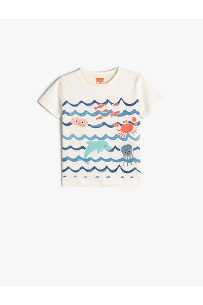 Koton Tricou cu mânecă scurtă, cu decolteu triplu, imprimat cu tematică marine
