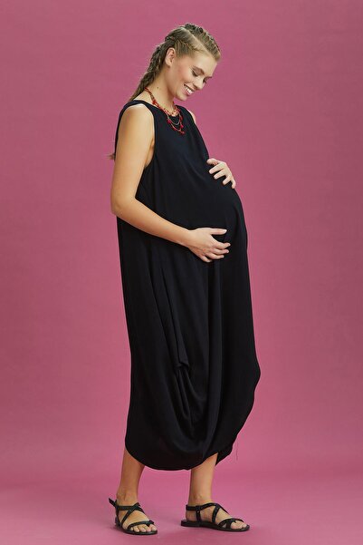 Los banditos Diyagonal Kesim Ön Katlı Siyah Bol Şık Hamile Elbise