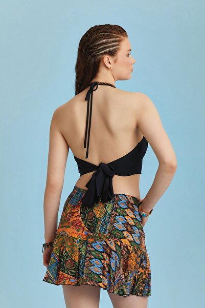 Los banditos Black Patterned Flounce Mini Shorts Skirt