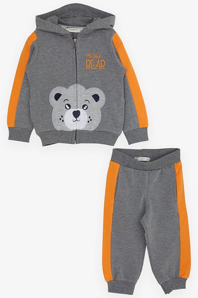 Breeze 1-4 Years Old Boy Tracksuit Set - Teddy Bear Print, Gray Melange