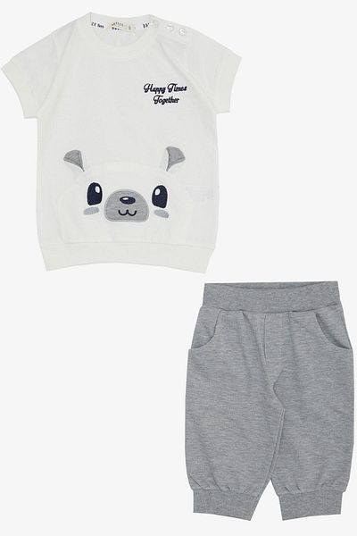 Breeze 9 Months-3 Years Baby Boy Capri Set - Cute and Embroidered, Ecru