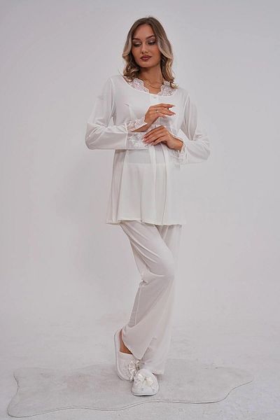 By Mecit Pijama Maternity Long Sleeve Guipure Detailed Pajamas Set 75% Cotton 25% Viscose