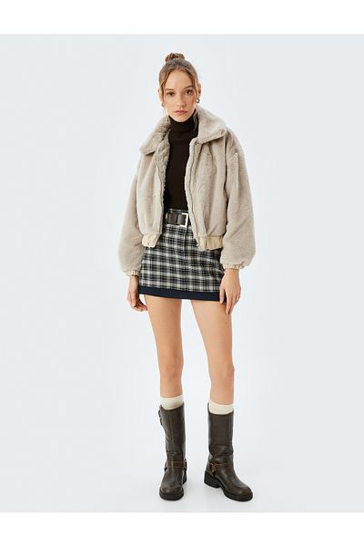 Koton Faux Fur Jacket with Stand Collar Zippered Pocket Detail