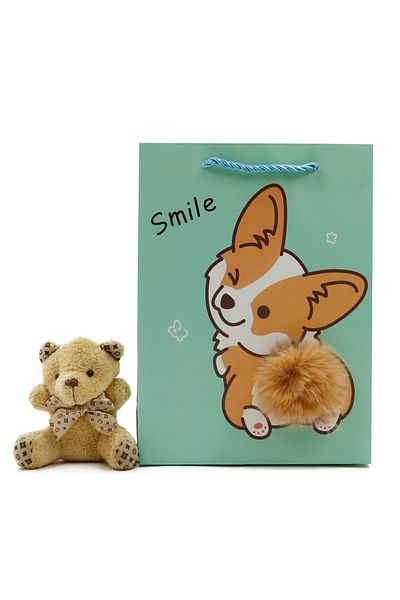 reprodesign 18X24 Cute Animal Themed Pompom Cardboard Bag 1 Piece (A.Green)