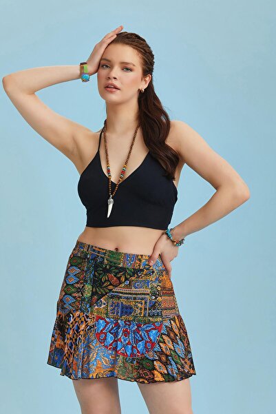 Los banditos Black Patterned Flounce Mini Shorts Skirt