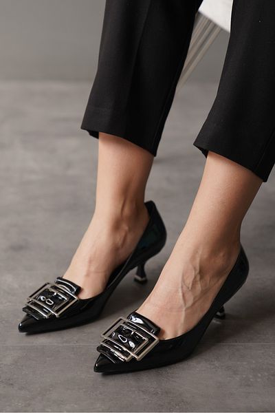 Lizzu Piele Lacuita Neagra - Pantofi de dama Lycarb cu toc mic